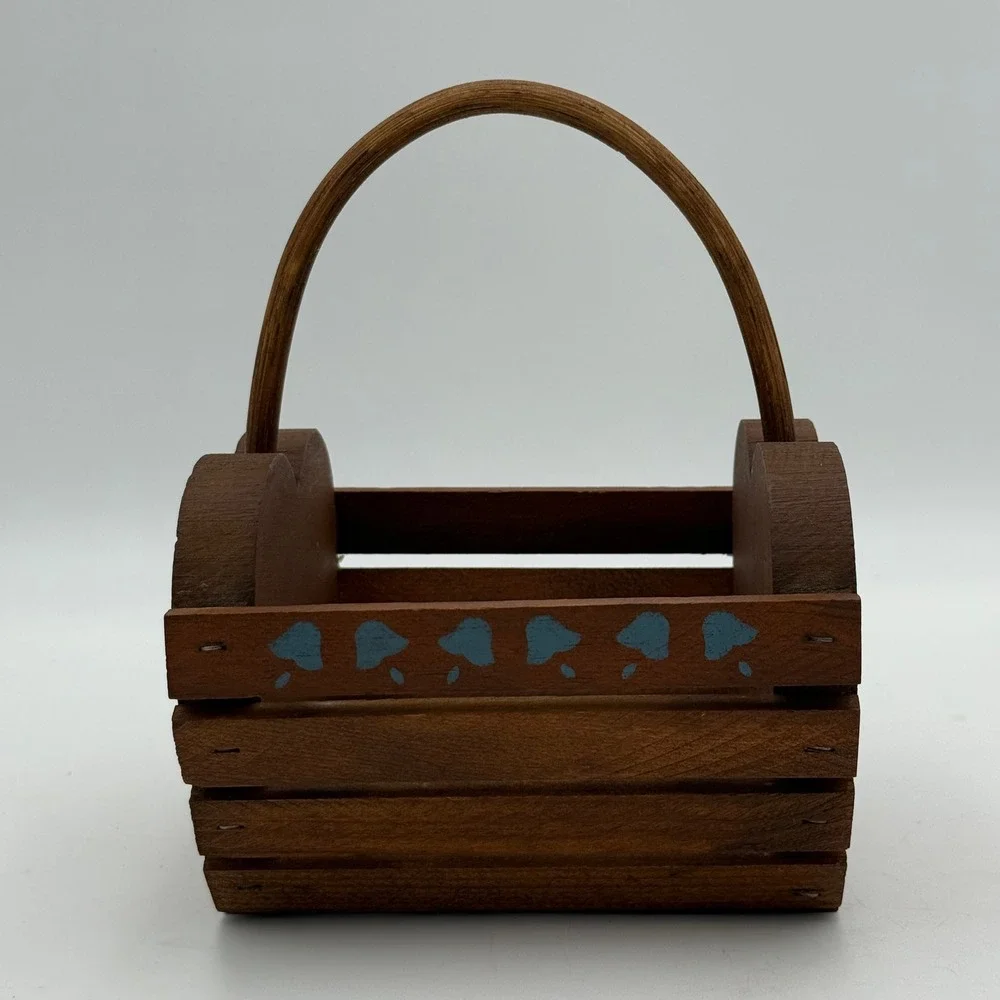Vintage Wooden Heart Basket Small Rustic Slatted Crate Blue Floral Hand Painted